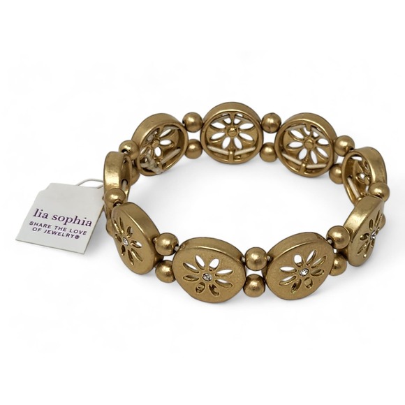 NWT Lia Sophia - Flower "Daisy Chain" Matte Gold Stretch Bracelet - Picture 5 of 10